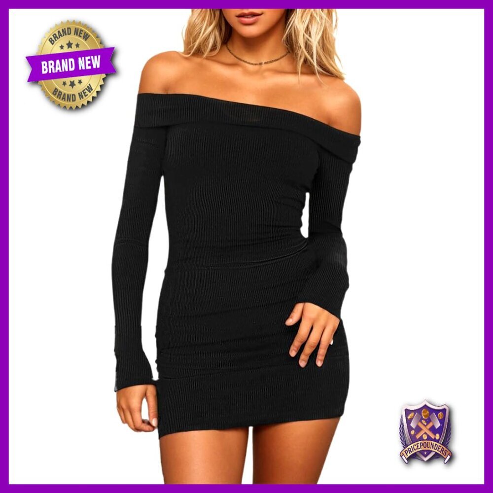 Long Sleeve Off Shoulder Bodycon Mini Dress Ribbed Stretchy Club Party